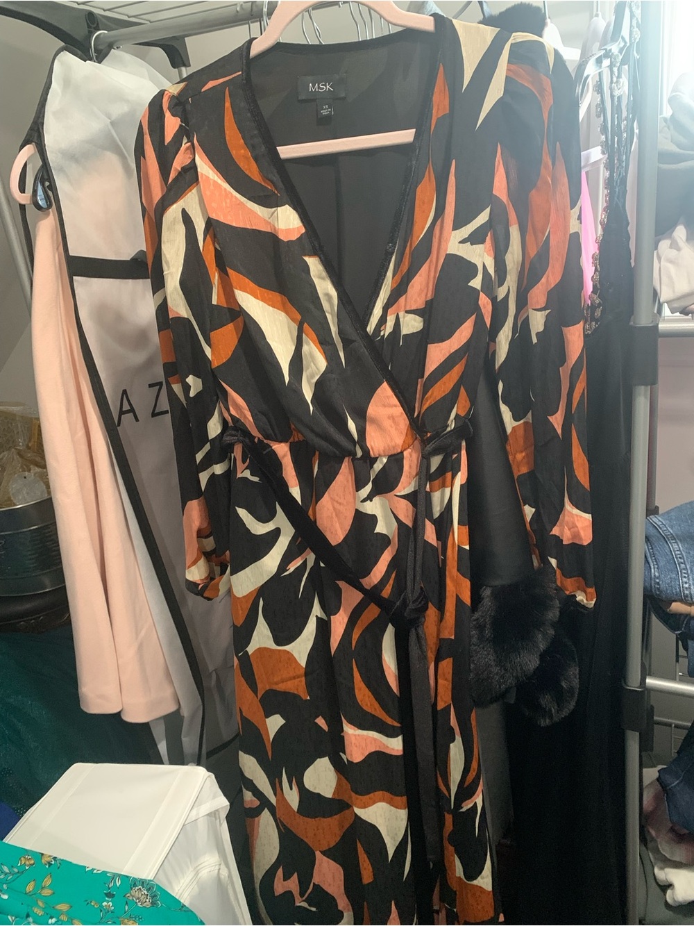 MSK Black Abstract Print Wrap Dress with Rust and Cream